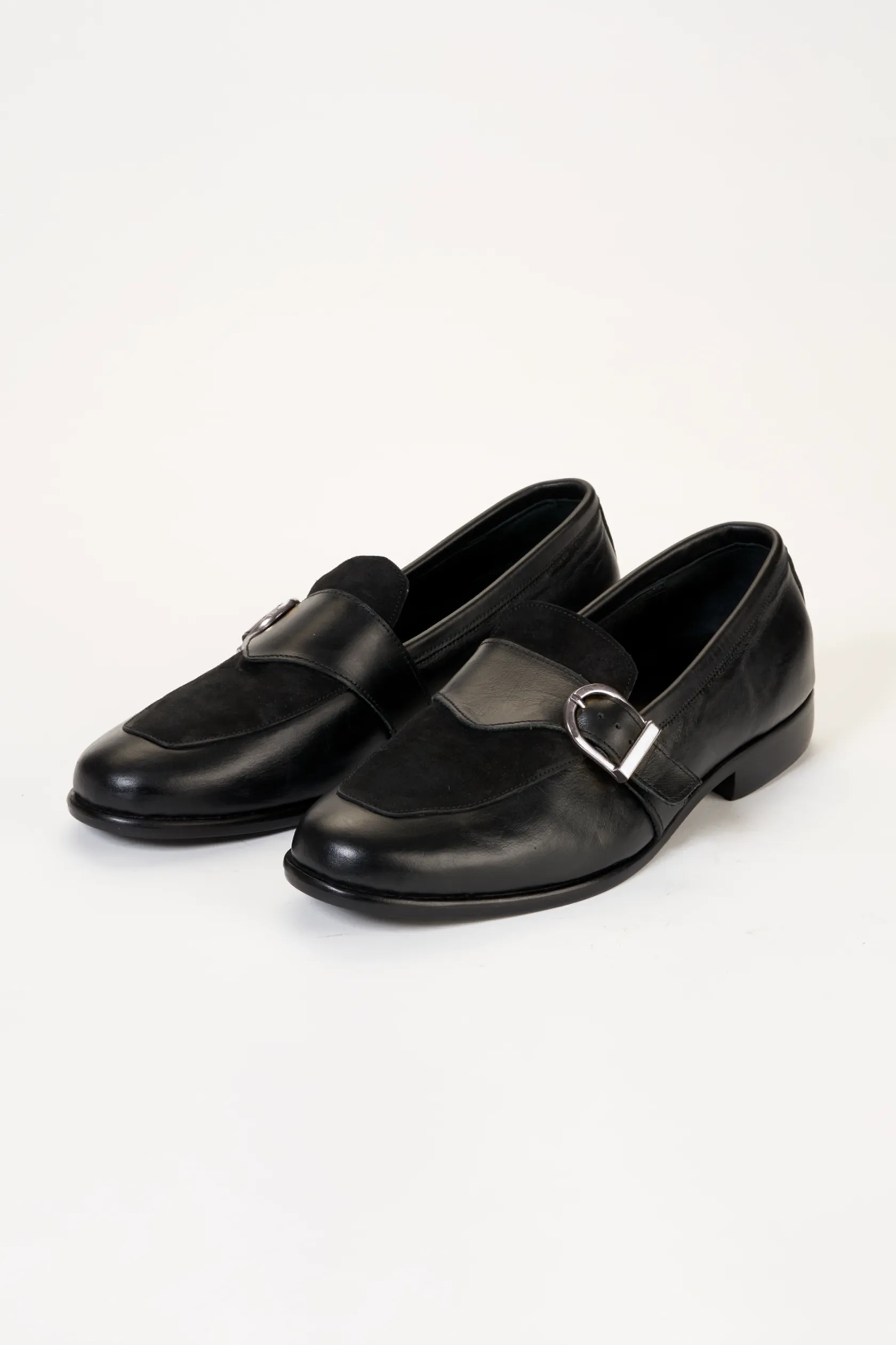 Ajadi Loafers in Black Leather with Black Suede and Strap Buckle