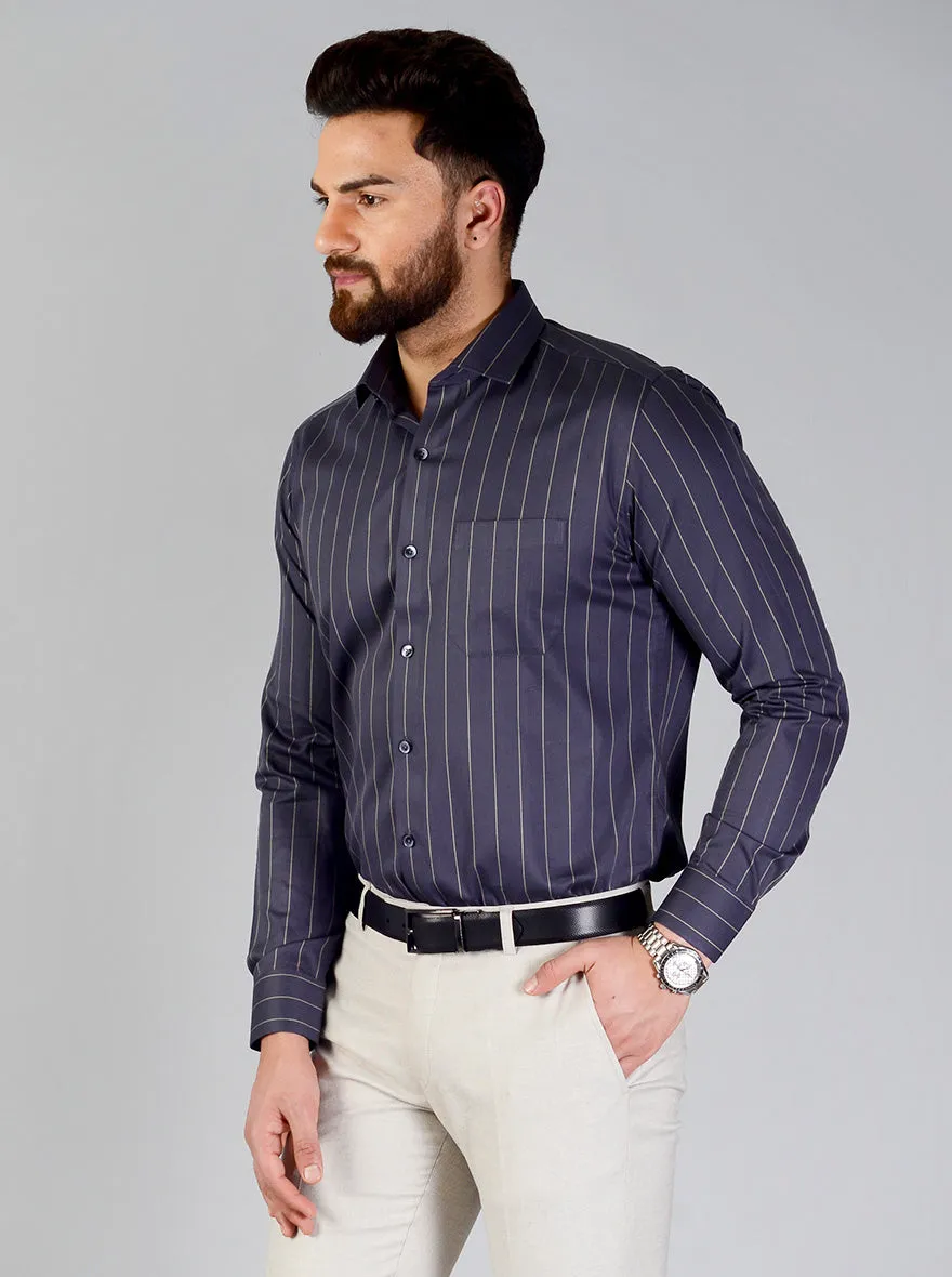 Dark Grey Striped Slim Fit Evening Wear Shirt | Metal