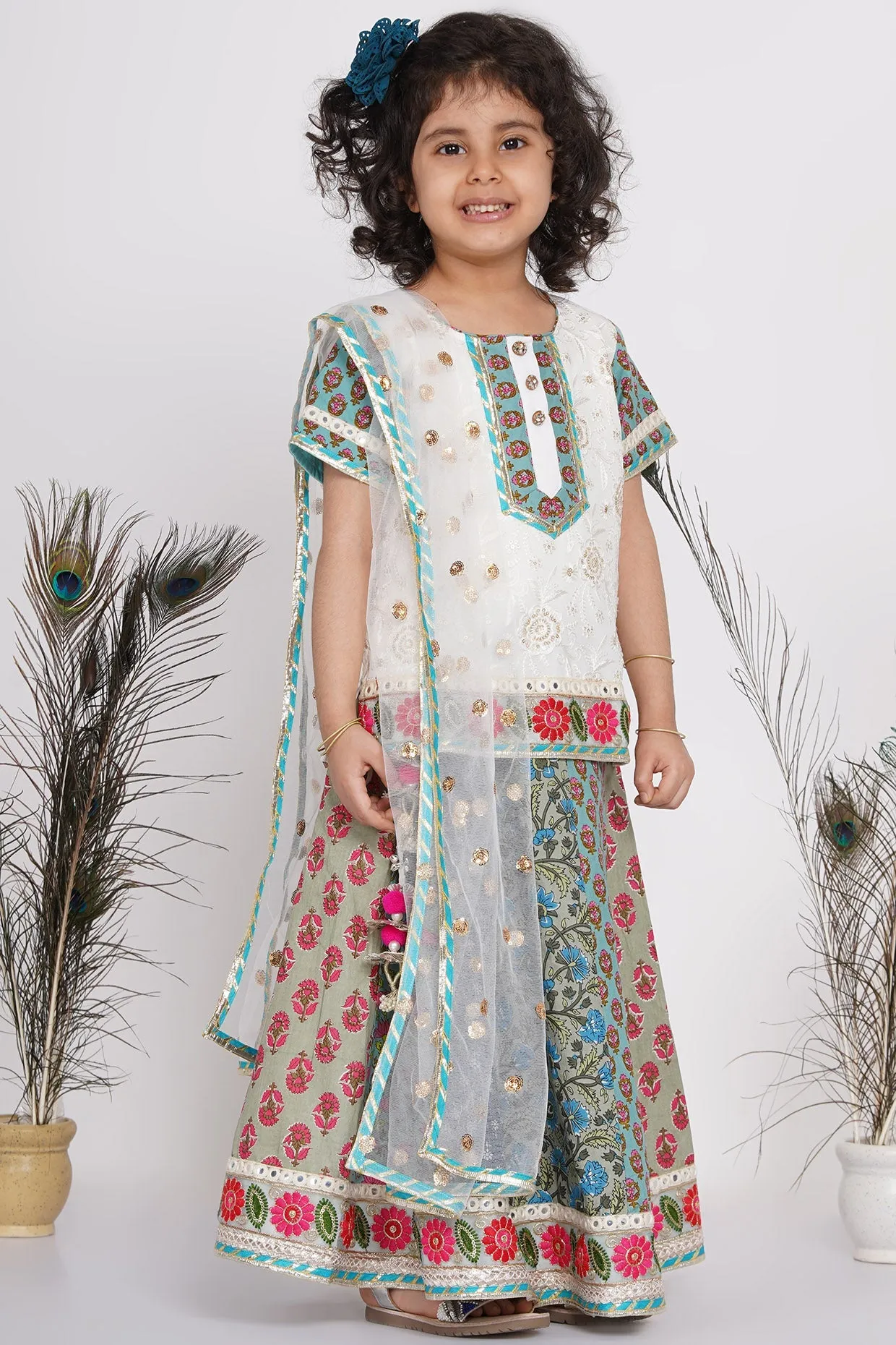 Girl's Cotton Floral Embroidery Kurta With Kali Work Lehenga And Tussel - White And Multicolor - Little Bansi Girls