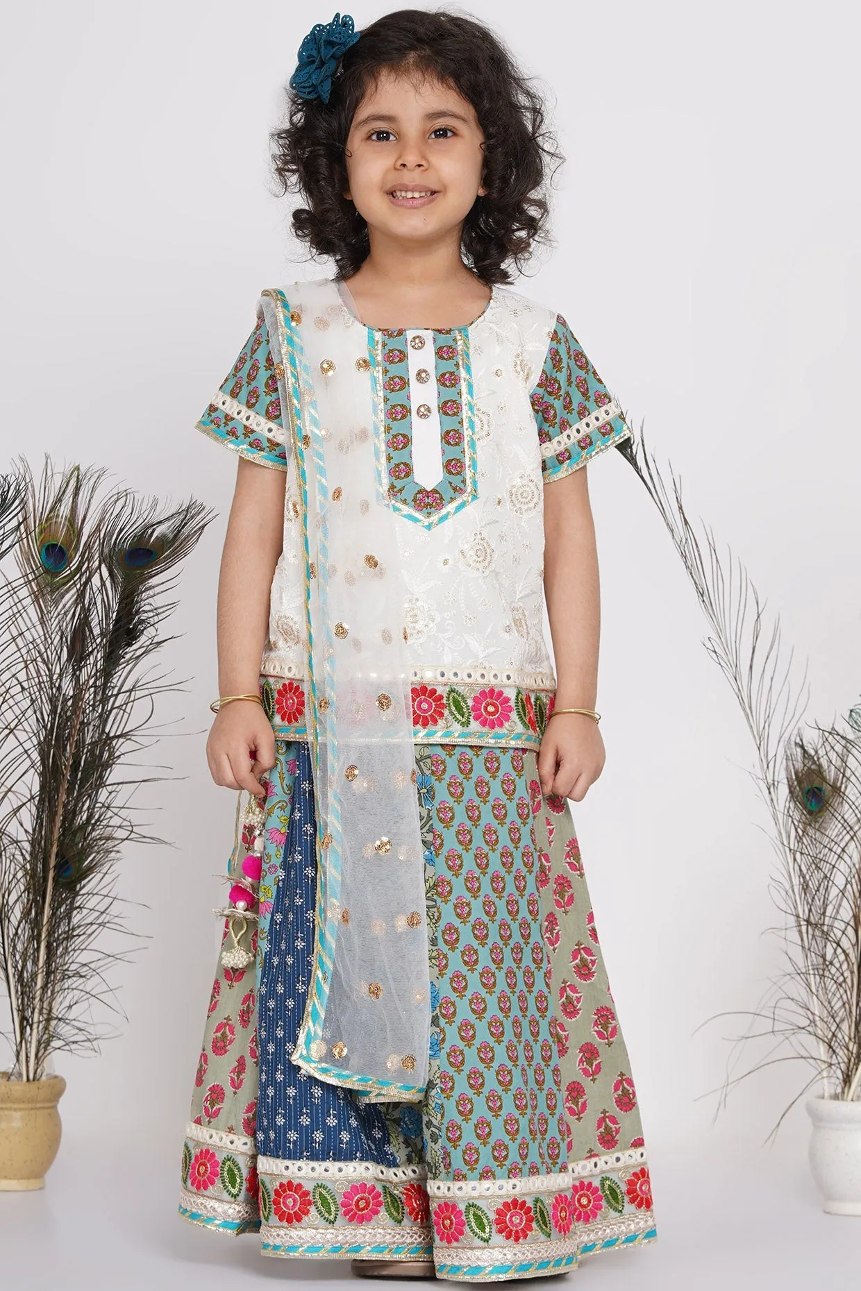 Girl's Cotton Floral Embroidery Kurta With Kali Work Lehenga And Tussel - White And Multicolor - Little Bansi Girls