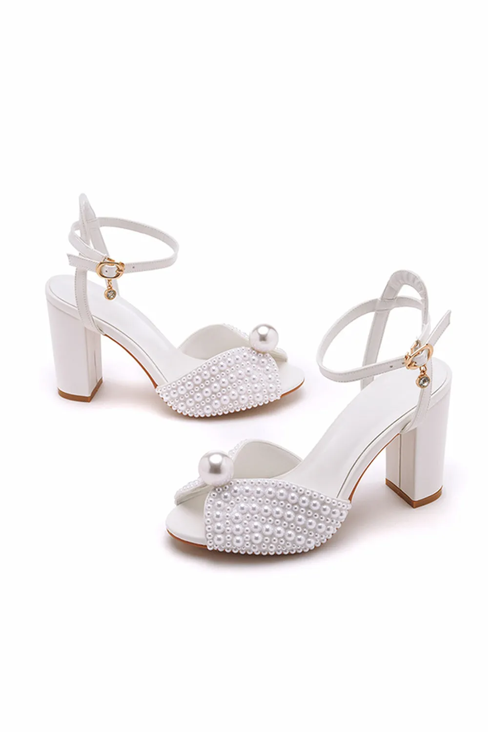 Pearl White Open Toe Ankle Strap Chunky Wedding Shoes