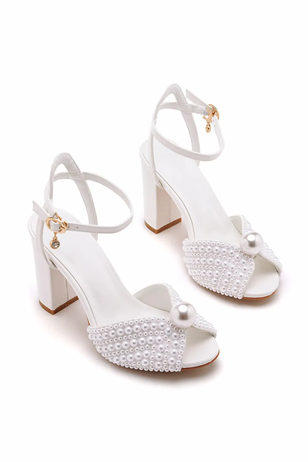 Pearl White Open Toe Ankle Strap Chunky Wedding Shoes