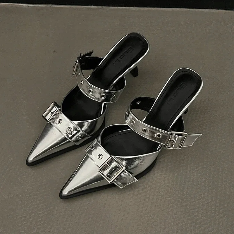 Punk Goth Metal Buckle High Heels Sandals Women 2023 Summer Pointed Toe Silver Party Shoes Woman Korean Style Thin Heels Sandals