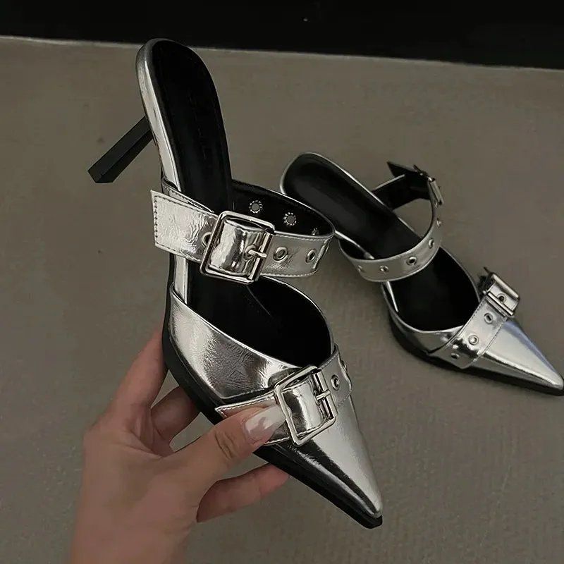 Punk Goth Metal Buckle High Heels Sandals Women 2023 Summer Pointed Toe Silver Party Shoes Woman Korean Style Thin Heels Sandals