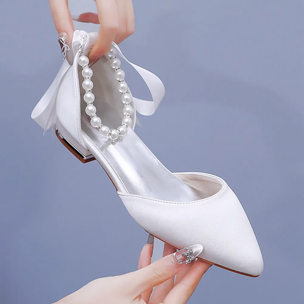 Satin Beaded Ribbon Kitten Heels Bridal Shoes