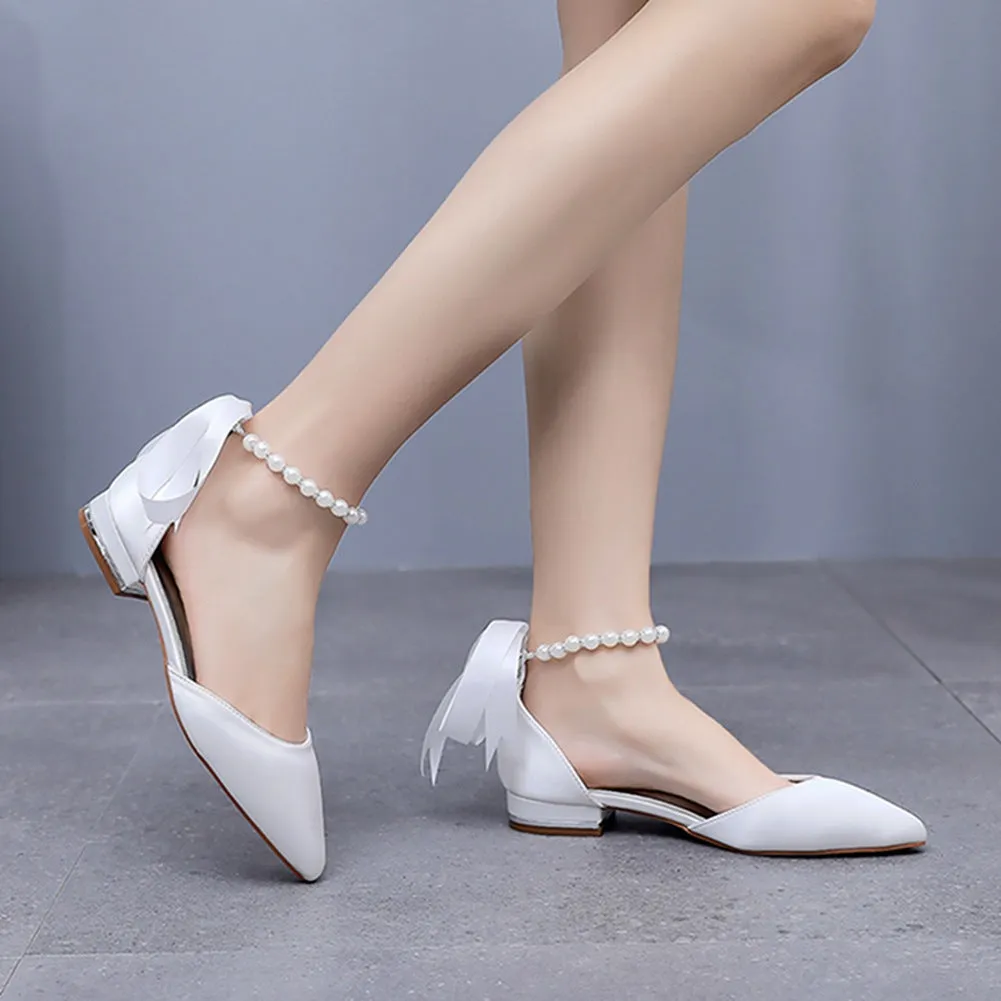 Satin Beaded Ribbon Kitten Heels Bridal Shoes