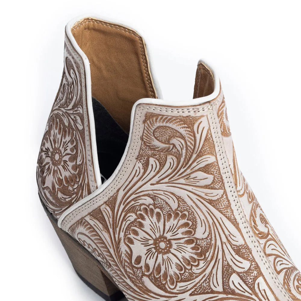 Western Moxie Hand-tooled Booties in White Chocolate