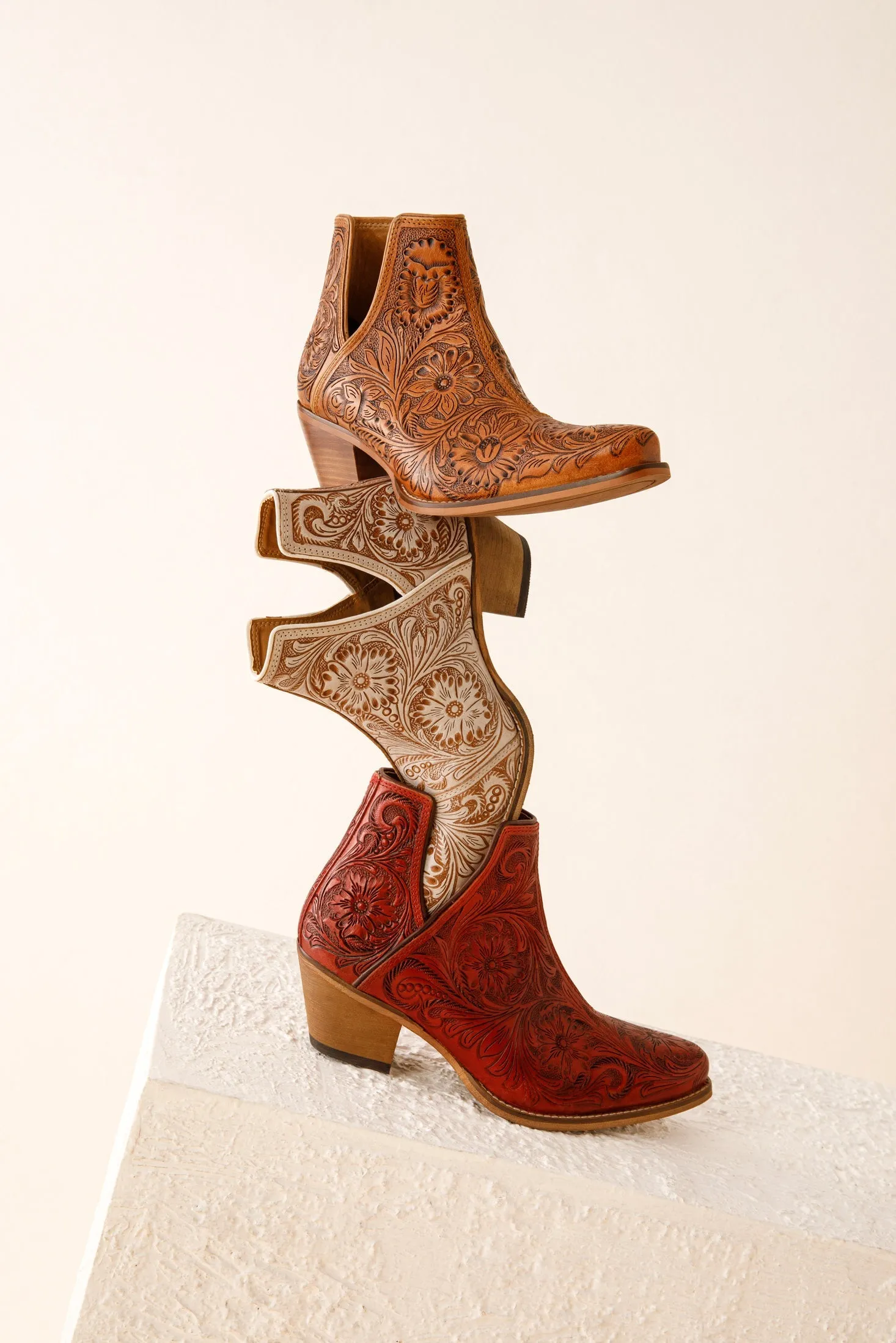 Western Moxie Hand-tooled Booties in White Chocolate