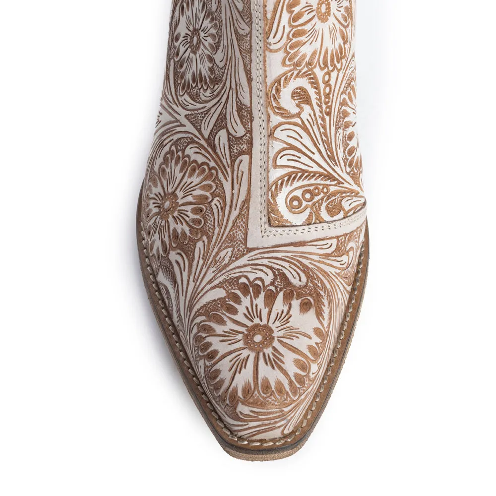 Western Moxie Hand-tooled Booties in White Chocolate