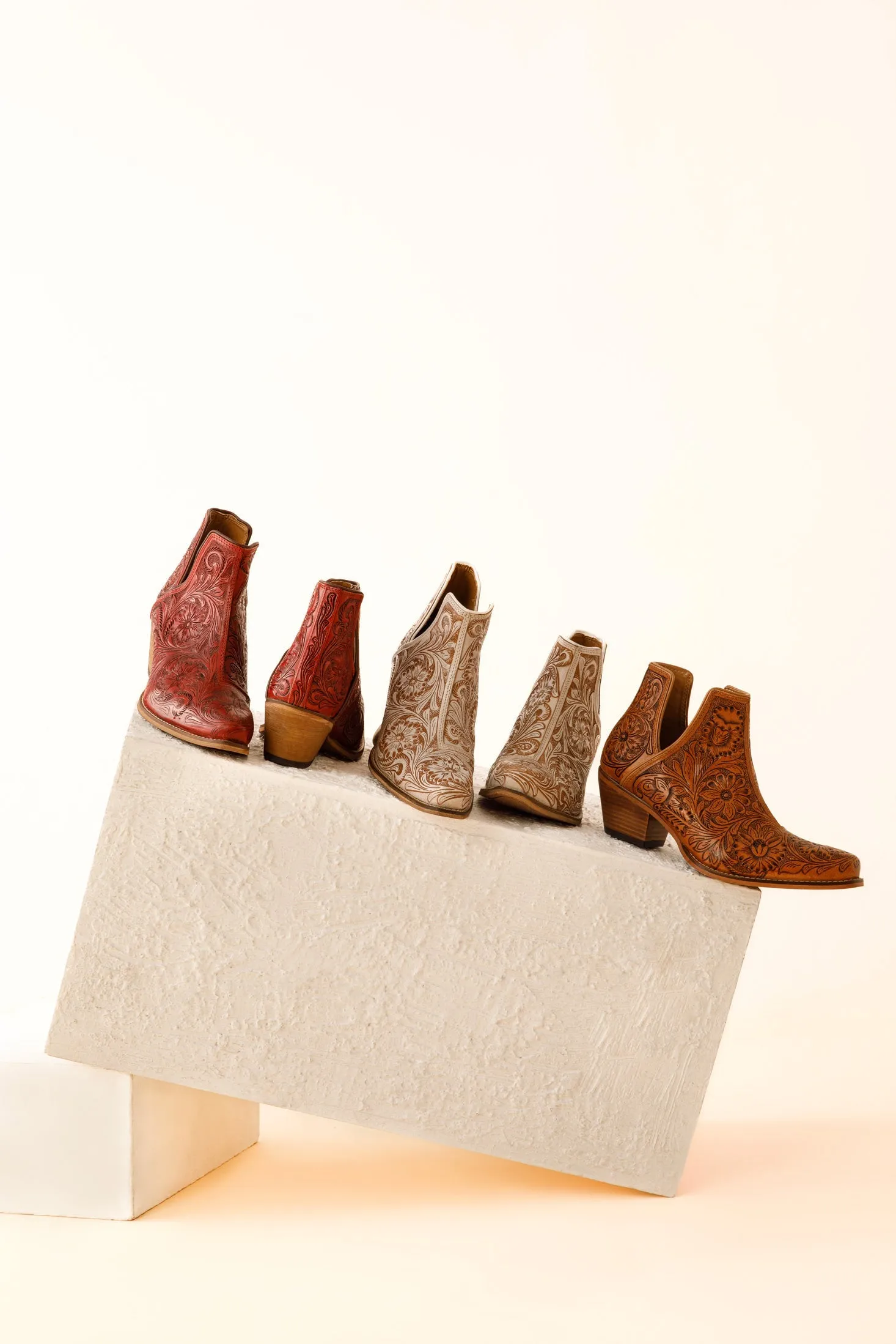 Western Moxie Hand-tooled Booties in White Chocolate